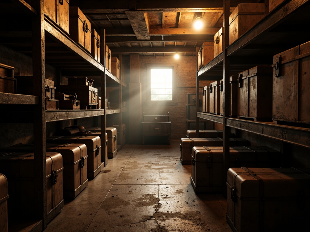 Prompt: Dimly lit storage room, exposed brick walls, industrial metal shelves, vintage trunks, rusty machinery, eerie shadows, warm golden lighting, soft box lights, dramatic spotlights, high contrast ratios, mysterious ambiance, old wooden crates, distressed finishes, worn leather straps, aged metallic accents, low-key color palette, cinematic composition, deep depth of field, atmospheric fog, realistic textures.