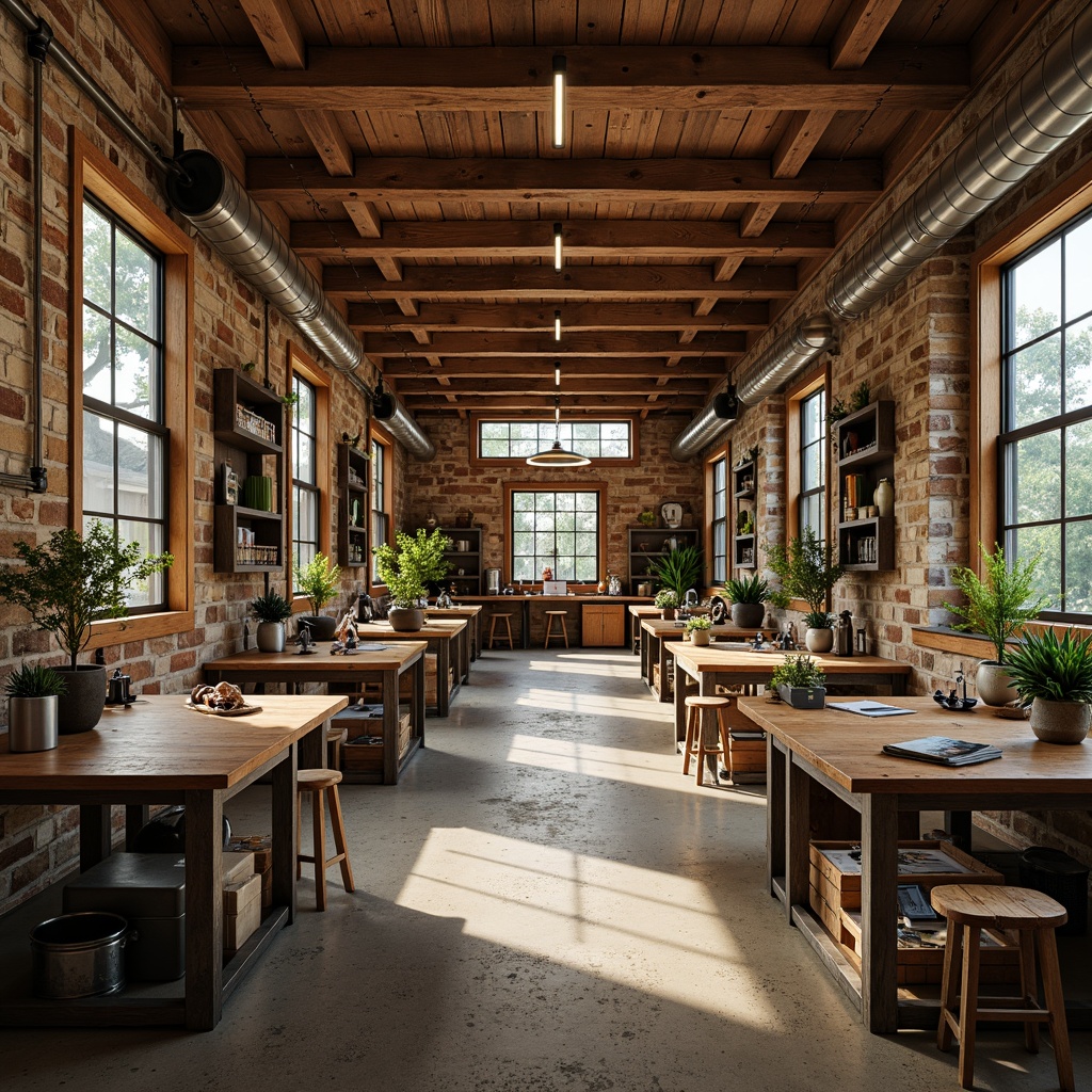 Prompt: Rustic science center, reclaimed wood accents, exposed beam ceilings, industrial metal fixtures, earthy color palette, natural stone walls, wooden laboratory tables, metal shelving units, vintage scientific equipment, potted plants, warm lighting, shallow depth of field, 1/1 composition, symmetrical framing, realistic textures, ambient occlusion.