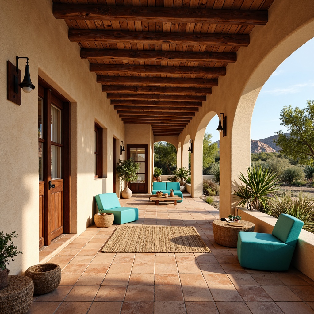 Prompt: Rustic southwestern villa, terracotta tiles, distressed wood planks, earthy tone stone flooring, woven natural fiber rugs, vibrant turquoise accents, warm beige stucco walls, arched windows, rustic wooden beams, desert landscape views, bright sunny day, soft warm lighting, shallow depth of field, 3/4 composition, panoramic view, realistic textures, ambient occlusion.