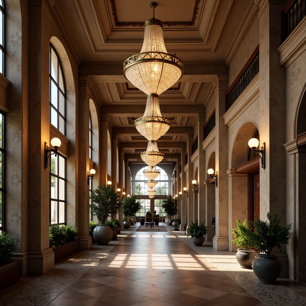 Prompt: Elegant distribution centers, ornate lighting fixtures, crystal chandeliers, bronze sconces, grand entranceways, high ceilings, marble floors, decorative columns, arch-shaped windows, rusticated walls, subtle warm lighting, soft shadows, 1/2 composition, symmetrical framing, realistic textures, ambient occlusion.