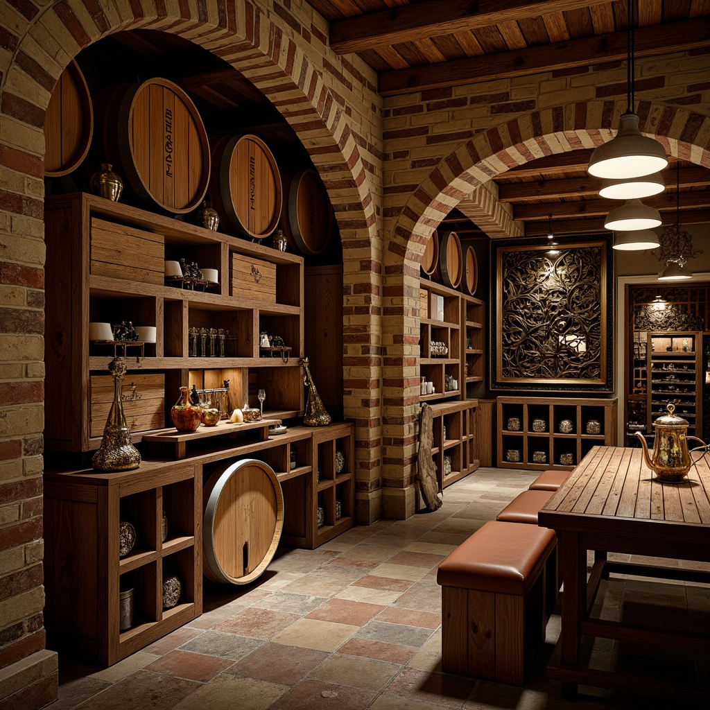 Prompt: Rustic wine cellar, reclaimed wood accents, earthy tones, wooden crates, vintage wine barrels, dim warm lighting, rich leather textures, classic wooden wine racks, ornate metalwork details, natural stone flooring, brick archways, rustic wooden tables, pendant lanterns, soft candlelight, cozy intimate atmosphere, 1/1 composition, shallow depth of field, realistic wood grain textures.