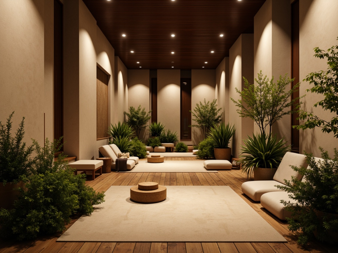 Prompt: Calming interior space, sound-absorbing acoustic panels, minimalist decor, soft ambient lighting, comfortable seating areas, wooden flooring, natural textiles, earthy color palette, lush greenery, serene atmosphere, 1/2 composition, warm color temperature, shallow depth of field, realistic textures.