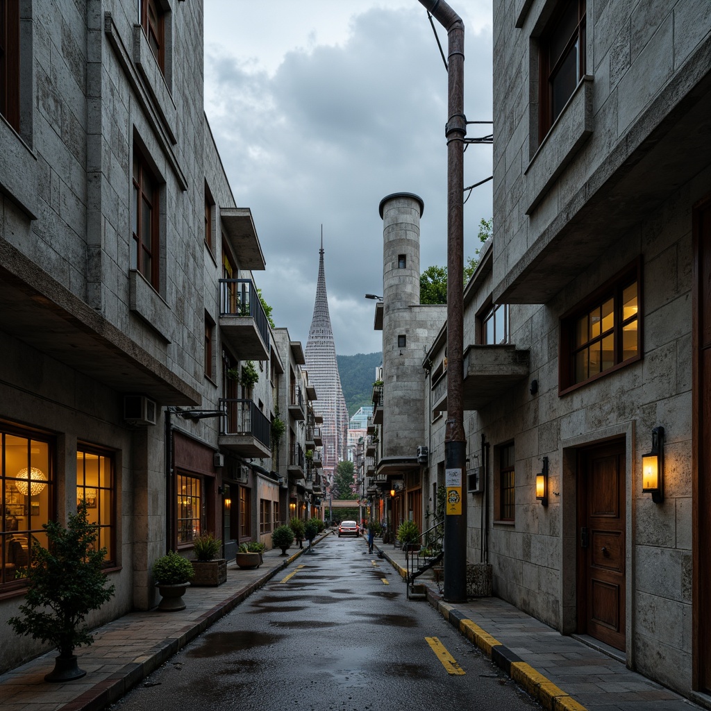 Prompt: Rugged brutalist architecture, exposed concrete walls, rough stone textures, raw metal beams, distressed wood accents, industrial pipes, urban cityscape, overcast skies, dramatic shadows, high-contrast lighting, gritty realism, detailed normal maps, 1/1 composition, atmospheric perspective, cinematic mood, intense color grading.