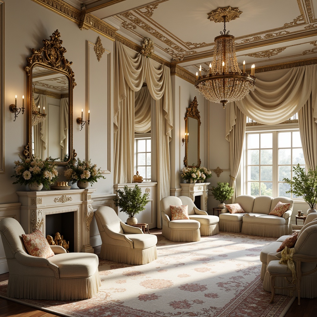 Prompt: Luxurious Rococo interior, soft gold accents, ornate mirrors, delicate florals, pastel hues, creamy whites, rich velvets, intricate carvings, lavish furnishings, opulent chandeliers, warm candlelight, subtle texture contrasts, elegant curves, whimsical patterns, French Baroque inspirations, vintage charm, subtle sheen, dramatic lighting, 1/1 composition, shallow depth of field.