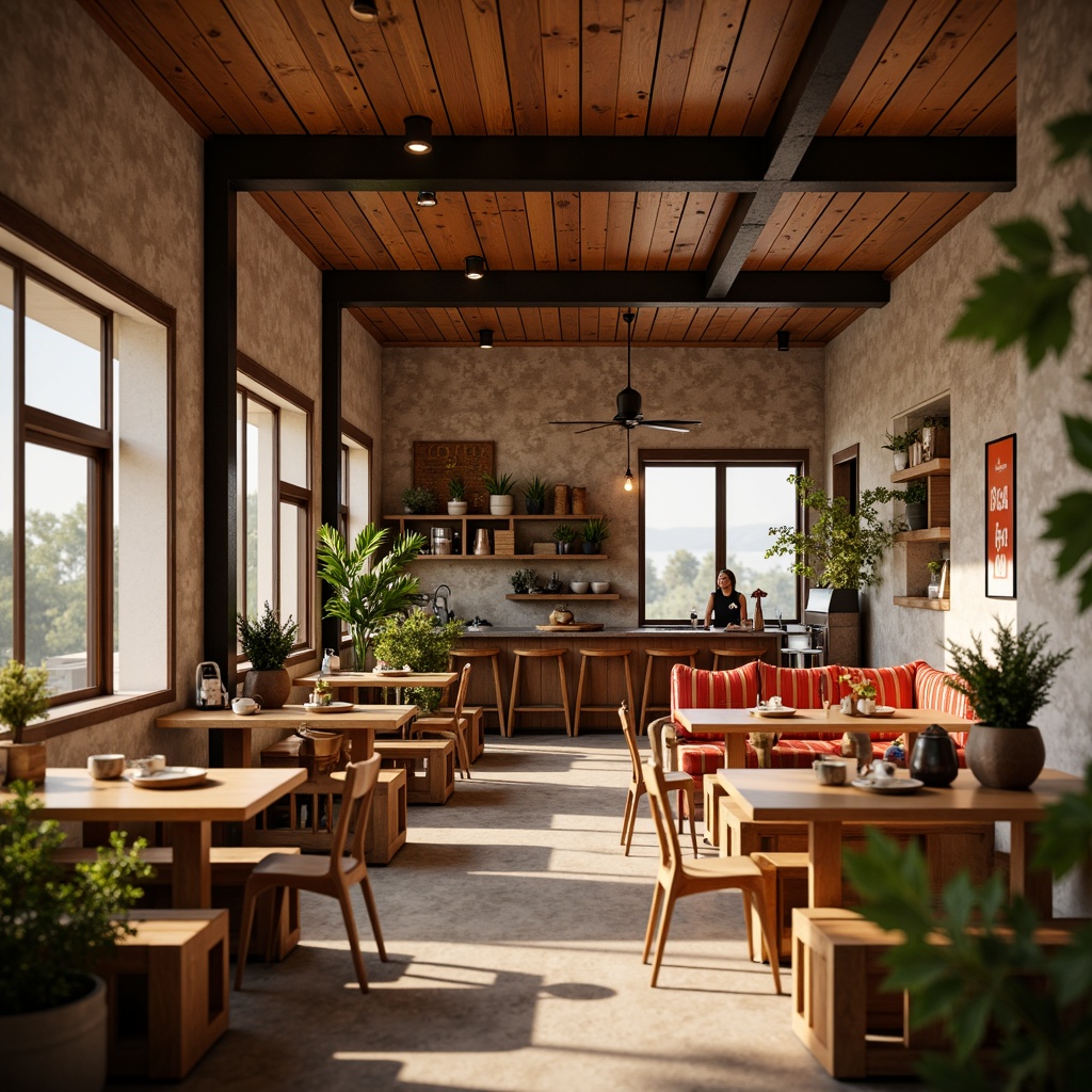 Prompt: Cozy coffee shop atmosphere, warm earthy tones, rich brown wood accents, creamy whites, deep espresso hues, vibrant reds, sunny yellows, natural stone textures, industrial metal elements, rustic wooden crates, modern minimalist decor, intimate seating areas, soft warm lighting, shallow depth of field, 1/1 composition, realistic renderings, ambient occlusion.