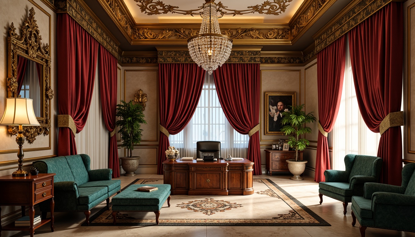 Prompt: Richly ornate office interior, Baroque-style furniture, lavish velvet drapes, golden accents, intricate carvings, ornamental mirrors, crystal chandeliers, marble floors, warm beige walls, deep crimson reds, regal blues, luxurious emerald greens, rich wood tones, opulent textures, dramatic lighting, high contrast shadows, 1/2 composition, atmospheric perspective, realistic reflections, detailed ornaments.