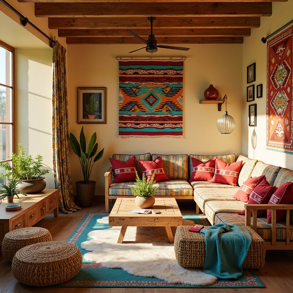 Prompt: Vibrant turquoise accents, bold red and orange hues, playful Aztec patterns, soft woven blankets, plush sheepskin rugs, natural wood furniture, distressed leather ottomans, woven basket storage, colorful tapestries, whimsical cactus decorations, bright yellow sunlight, warm beige walls, cozy reading nooks, 3/4 composition, shallow depth of field, panoramic view, realistic textures.