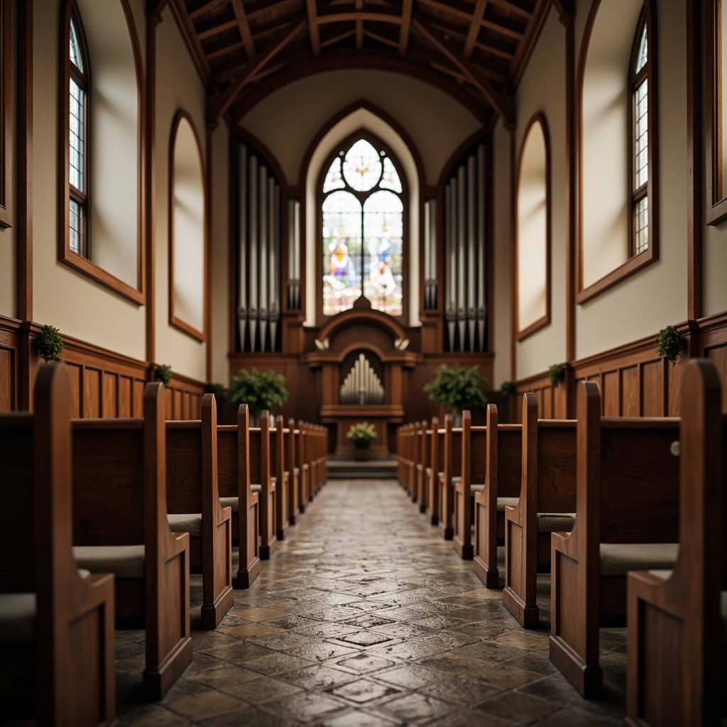 Prompt: Traditional church interior, wooden pews with ornate carvings, rich brown wood tones, soft cushioning, stained glass windows, vaulted ceilings, grand organs, intricate stone flooring, warm ambient lighting, shallow depth of field, 1/1 composition, realistic textures, ambient occlusion.