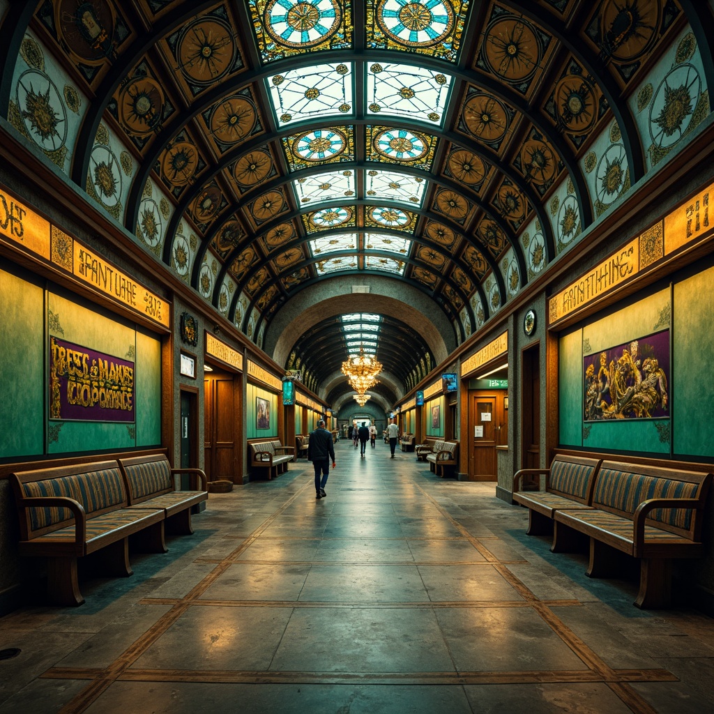 Prompt: \Underground metro station, ornate Art Nouveau style, curved lines, flowing patterns, elegant typography, luxurious materials, jewel-toned color palette, emerald green, sapphire blue, amethyst purple, gold accents, bronze details, marble floors, stained glass ceilings, intricate mosaics, soft warm lighting, atmospheric ambiance, 1/2 composition, low-angle shot, cinematic mood.\