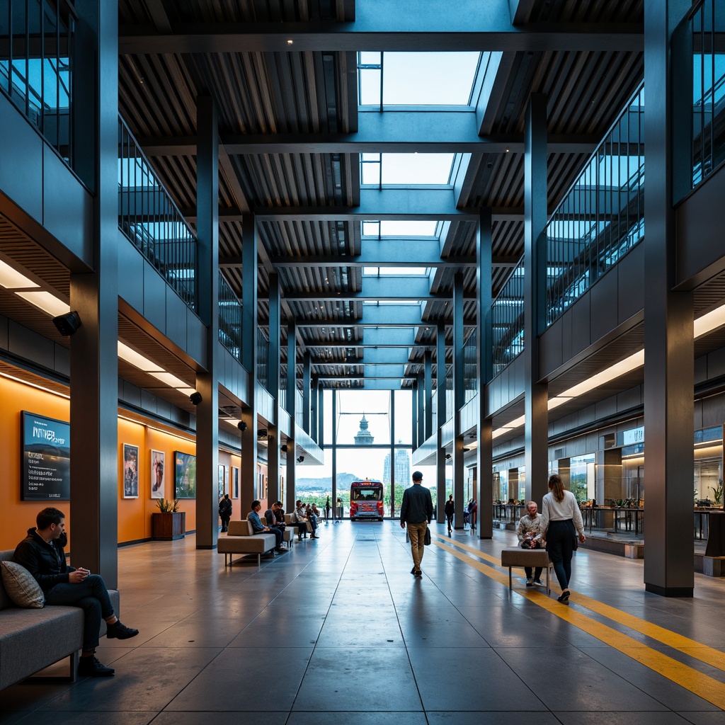 Prompt: Modern bus station interior, sleek metal columns, polished concrete floors, energy-efficient LED lighting, warm color temperature, high ceiling, minimalist design, comfortable seating areas, electronic information displays, real-time schedule updates, futuristic ambiance, subtle gradient effects, softbox lighting, indirect illumination, 3/4 composition, shallow depth of field, panoramic view, realistic textures, ambient occlusion.