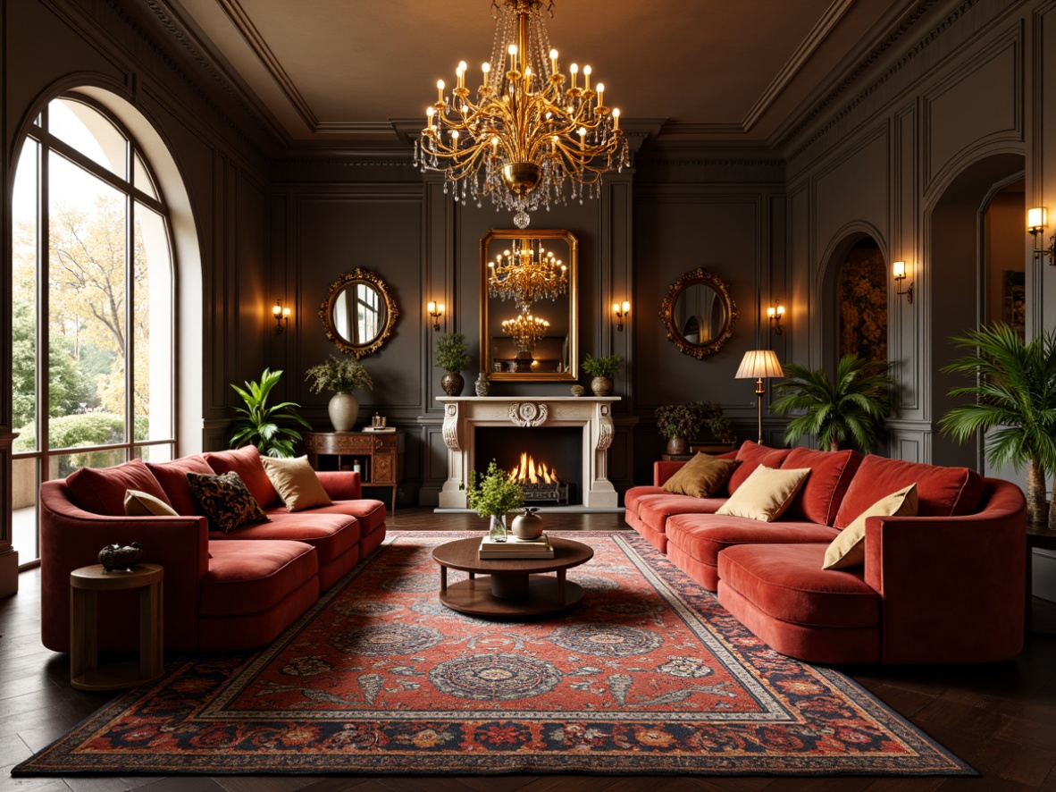 Prompt: Luxurious living room, opulent velvet sofas, intricately patterned rugs, glamorous chandeliers, geometric shapes, metallic accents, ornate mirrors, curved lines, bold colors, luxurious fabrics, rich wood tones, statement pieces, vintage inspirations, ornamental metalwork, lavish decorations, dramatic lighting, high-contrast textures, cinematic composition, 1/2 camera angle, warm golden lighting.