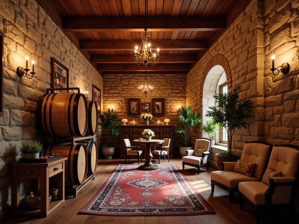 Prompt: Rustic winery interior, wooden barrel accents, earthy color palette, natural stone walls, vintage wine-making equipment, traditional brick archways, warm candlelight, rich wood tones, ornate metalwork, distressed textures, classic furnishings, plush area rugs, wine cellar ambiance, dramatic ceiling heights, grand chandeliers, soft warm lighting, shallow depth of field, 1/2 composition, intimate atmosphere.