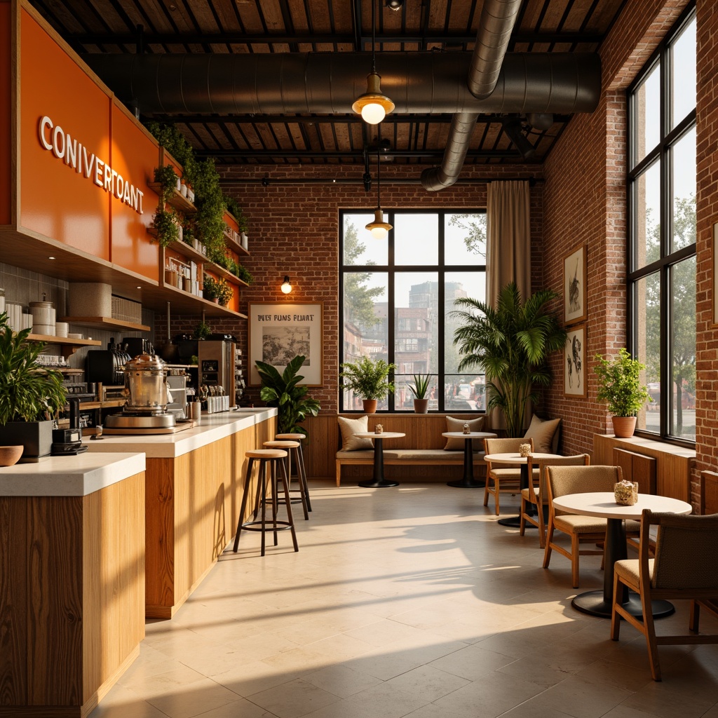 Prompt: Cozy coffee shop interior, warm beige tones, rich brown wood accents, creamy white marble countertops, earthy greenery, vibrant orange branding, rustic brick walls, industrial metal fixtures, soft golden lighting, intimate seating areas, comfortable cushions, natural textiles, aromatic coffee scents, inviting atmosphere, 3/4 composition, shallow depth of field, realistic textures, ambient occlusion.