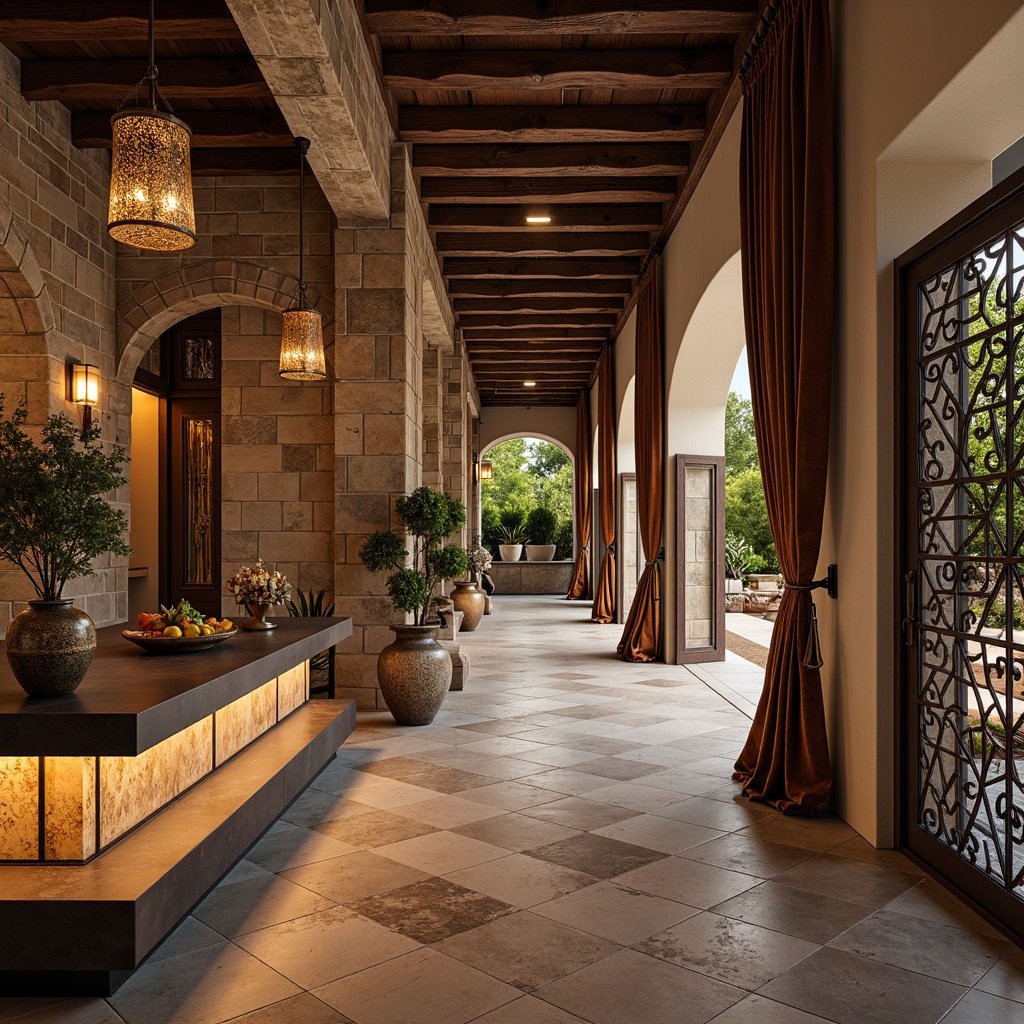 Prompt: Luxurious villa, Mediterranean-style architecture, ornate stone carvings, distressed wooden accents, rich velvet drapes, metallic epoxy coatings, polished marble countertops, rustic brick walls, decorative metal screens, intricate mosaic patterns, ambient warm lighting, soft focus blur, 1/2 composition, shallow depth of field, cinematic color grading.