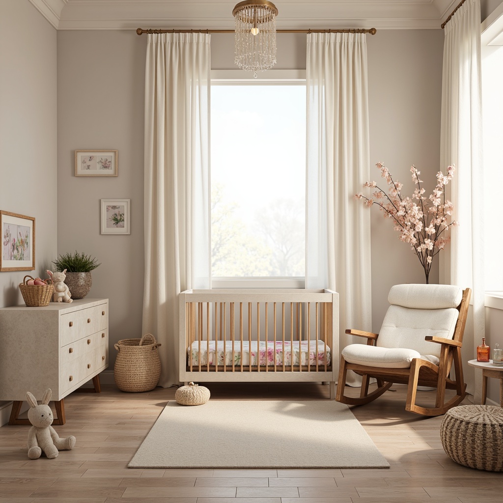 Prompt: Whimsical nursery, soft pastel colors, delicate florals, plush toys, wooden crib, gentle lighting, flowing drapes, sheer curtains, comfortable glider, vintage-inspired furniture, distressed wood accents, creamy whites, warm beige tones, subtle patterns, tender textures, natural fabrics, soothing ambiance, shallow depth of field, 1/1 composition, intimate close-up shots, realistic rendering.