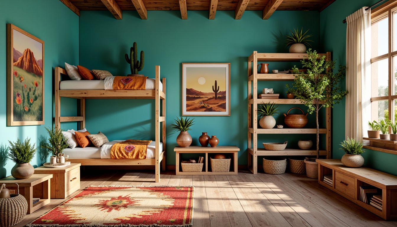 Prompt: Vibrant turquoise walls, rustic wooden furniture, woven Native American-patterned rugs, plush cactus-shaped pillows, colorful Aztec-inspired textiles, terracotta pottery vases, desert landscape artwork, natural woven baskets, earthy tone ceramics, playful toy storage bins, sturdy wooden bunk beds, cozy reading nooks, warm golden lighting, shallow depth of field, 1/2 composition, soft focus blur, realistic textures, ambient occlusion.