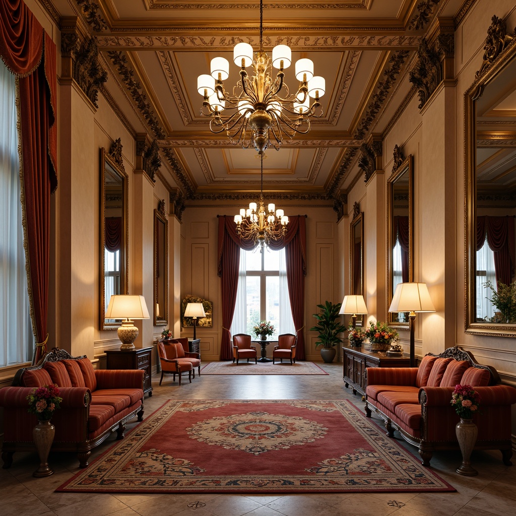 Prompt: Elegant hall, neoclassical architecture, grand chandelier, ornate mirrors, luxurious fabrics, velvet sofas, carved wooden chairs, gilded frames, intricate patterns, marble floors, crystal vases, richly colored rugs, majestic columns, symmetrical composition, soft warm lighting, shallow depth of field, 1/1 aspect ratio, realistic textures, ambient occlusion.