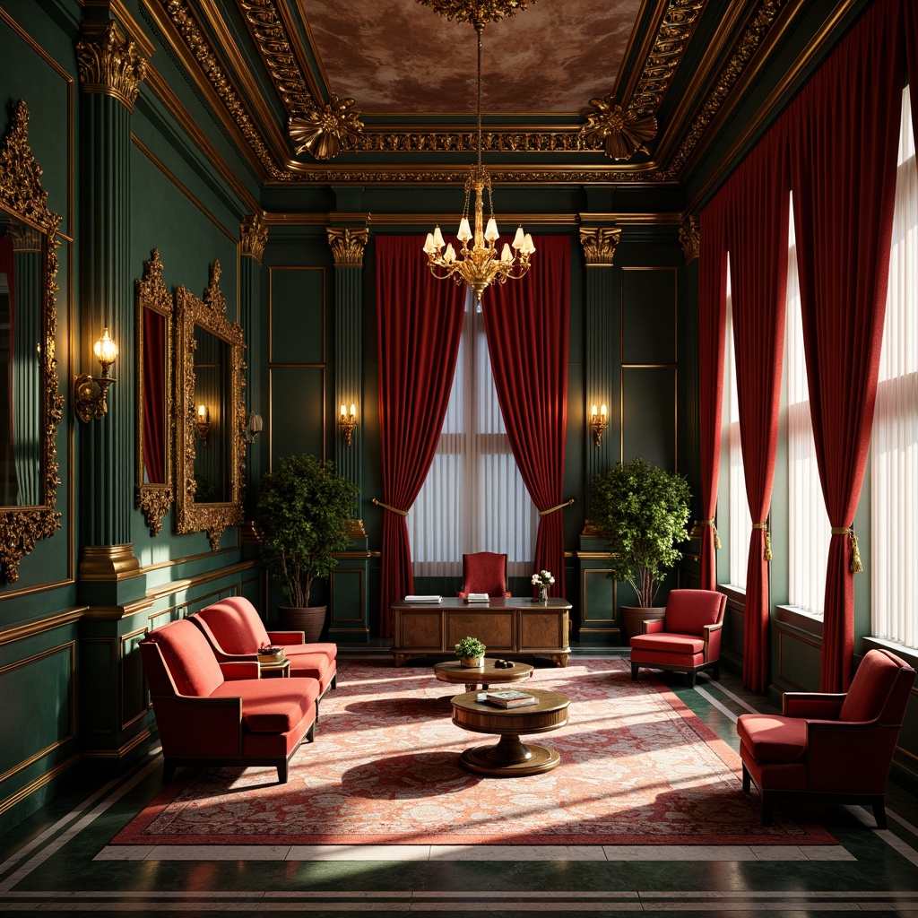 Prompt: Richly ornamented office interior, opulent furnishings, velvety dark wood tones, intricate carvings, gilded accents, lavish upholstery, jewel-toned color palette, emerald green walls, crimson red drapes, golden lighting fixtures, ornate mirrors, marble floors, stately columns, high ceilings, dramatic shadows, warm soft focus, 1/2 composition, symmetrical framing, realistic textures, subtle ambient occlusion.