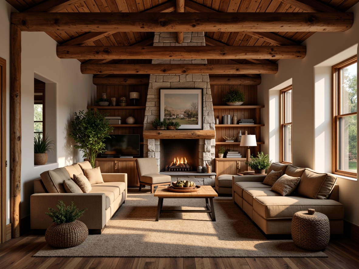 Prompt: Cozy family room, rustic wood accents, craftsman-style furniture, wooden beams, stone fireplace, plush sectional sofa, warm earthy tones, natural textiles, woven baskets, vintage decorative items, rich wood paneling, wooden ceiling, wooden floorboards, soft warm lighting, intimate atmosphere, 3/4 composition, shallow depth of field, realistic textures, ambient occlusion.