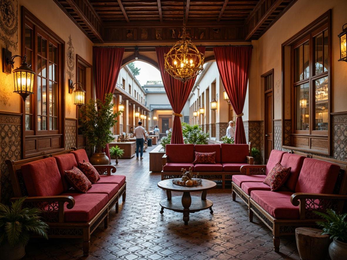 Prompt: Vibrant marketplace, traditional interior design, rustic wooden furniture, ornate carvings, plush velvet upholstery, intricate patterns, Moroccan-inspired tiles, colorful textiles, vintage metal lanterns, warm golden lighting, soft natural fabrics, cozy atmospheric ambiance, 1/2 composition, shallow depth of field, realistic textures, ambient occlusion.