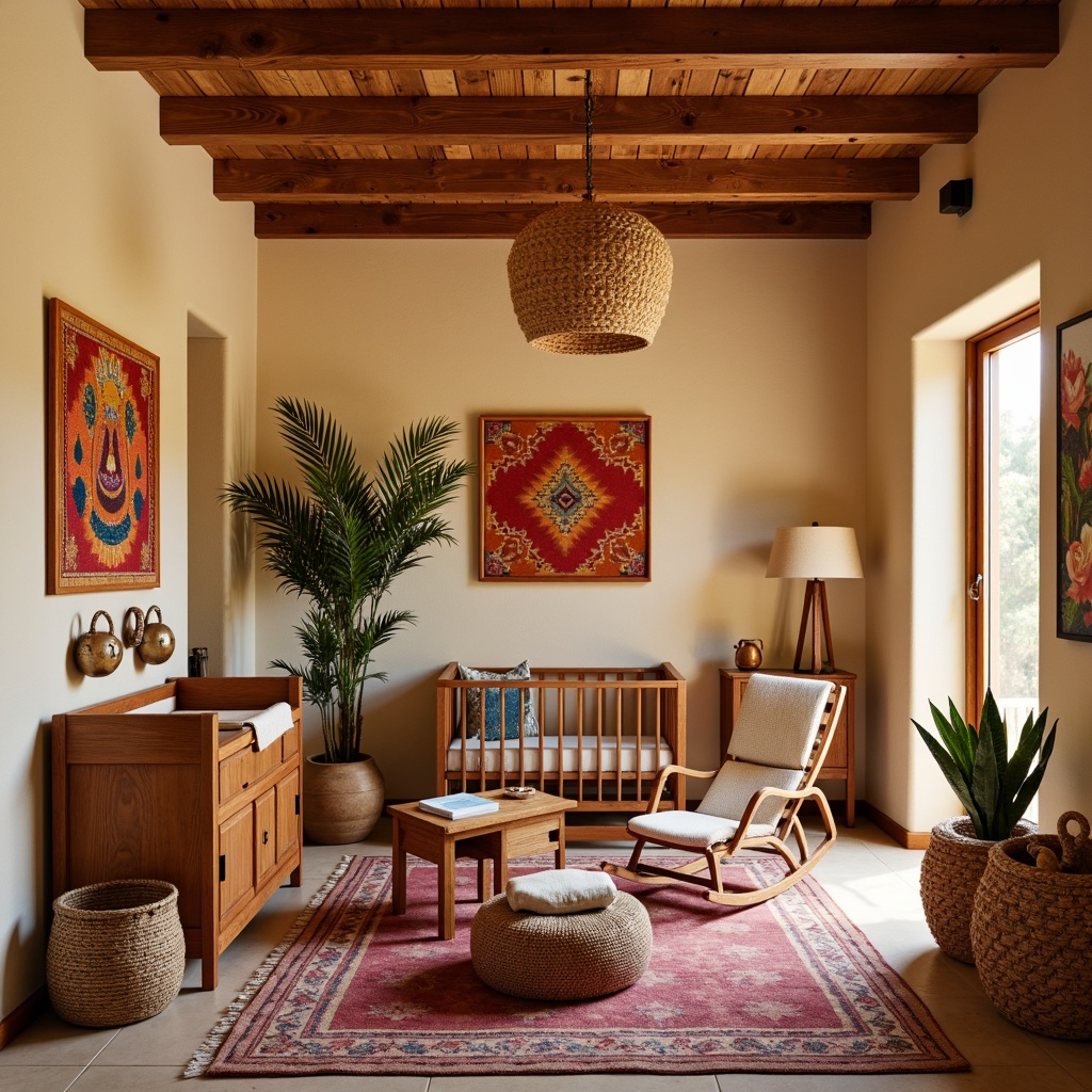 Prompt: Vibrant southwestern nursery, warm beige walls, rustic wood furniture, woven textiles, Aztec-inspired patterns, colorful tapestries, plush area rugs, natural fiber cribs, wooden rocking chairs, rattan storage baskets, earthy tone accents, soft golden lighting, shallow depth of field, 1/1 composition, intimate atmosphere, cozy reading nook, whimsical wall art, gentle warm colors.