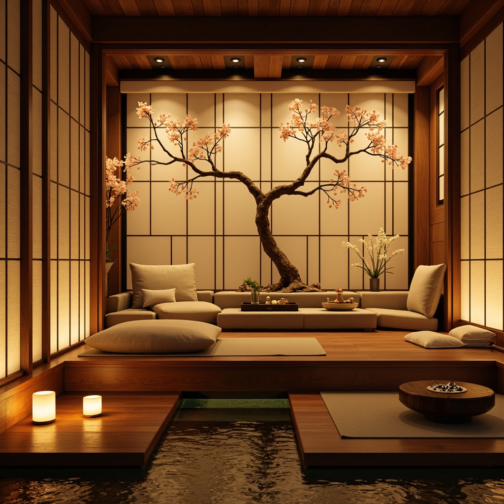 Prompt: Traditional Japanese sliding doors, warm paper lanterns, soft diffused lighting, delicate cherry blossom patterns, natural wood accents, subtle rice paper textures, minimalist decor, low-seating areas, tatami mats, shoji screens, gentle candlelight, ambient floor lamps, hidden LED strips, warm beige tones, calming water features, peaceful Buddha statues, serene nature-inspired art, 1/2 composition, intimate atmosphere, realistic shadows, warm color temperatures.