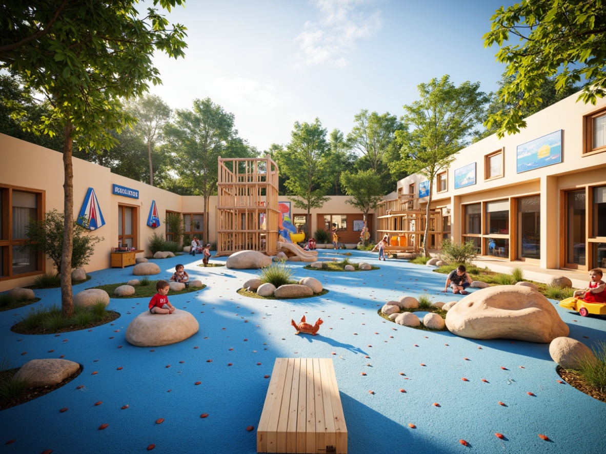 Prompt: Vibrant kindergarten playground, coastal theme, driftwood climbing frames, ocean-blue rubber flooring, sandy sensory pits, seashell-shaped benches, nautical-themed educational signs, sailboat-inspired play structures, coral-patterned textiles, sunny day, soft warm lighting, shallow depth of field, 3/4 composition, panoramic view, realistic textures, ambient occlusion, wavy slide, treasure chest storage bins, fish-shaped ride-on toys, ocean-breeze sound effects.