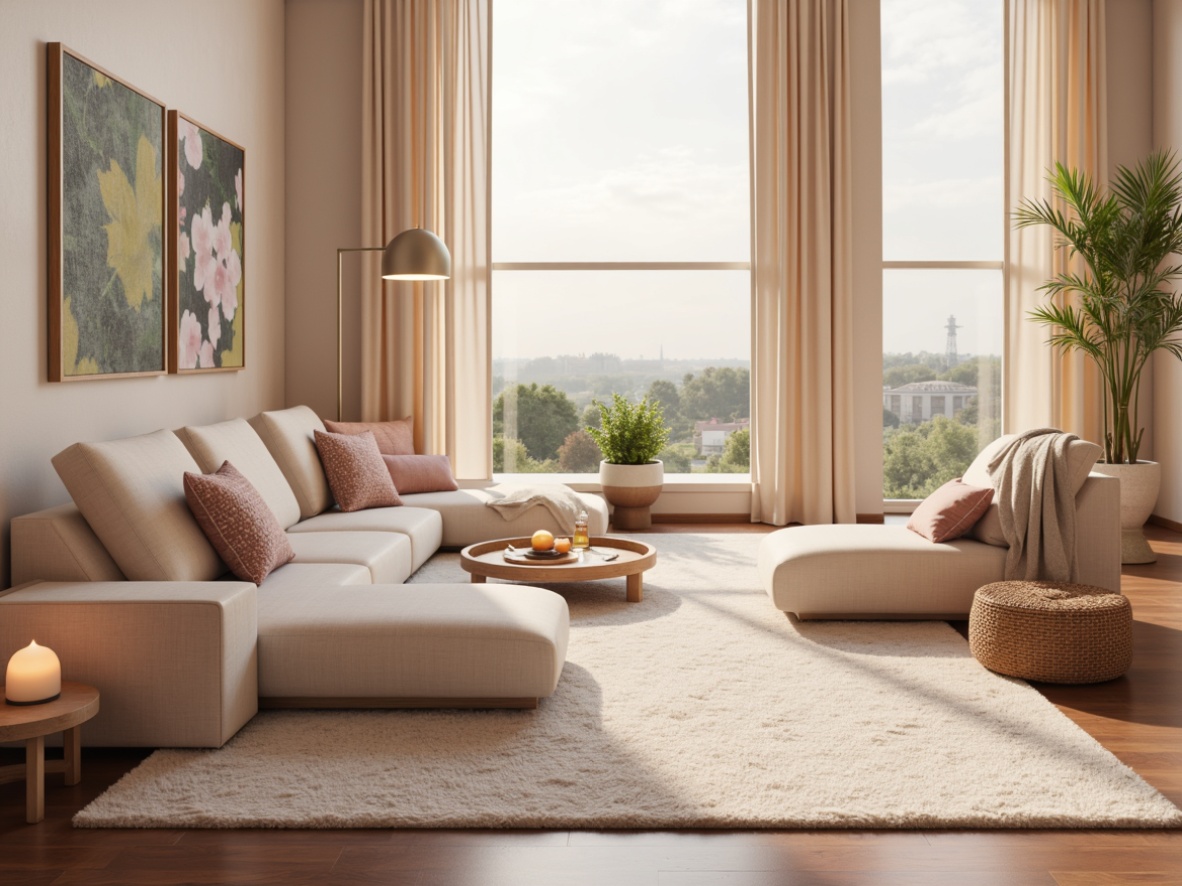 Prompt: Luxurious fabrics, soft velvety textures, calming pastel colors, subtle sheen, gentle draping, plush pile carpets, woven natural fibers, breathable mesh panels, ergonomic cushioning, sleek modern furniture, minimalist decor, abundant natural light, warm cozy ambiance, shallow depth of field, 1/1 composition, realistic fabric simulations.