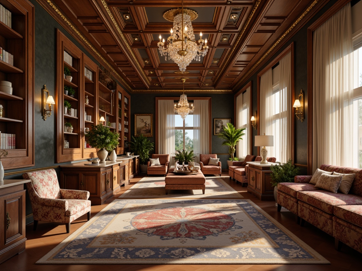 Prompt: Elegant villa interior, neoclassical furniture style, ornate carvings, rich velvet upholstery, antique wooden accents, gilded frames, marble countertops, crystal chandeliers, intricate moldings, soft warm lighting, shallow depth of field, 3/4 composition, symmetrical arrangement, luxurious fabrics, subtle color palette, refined proportions, sophisticated ambiance, peaceful atmosphere.