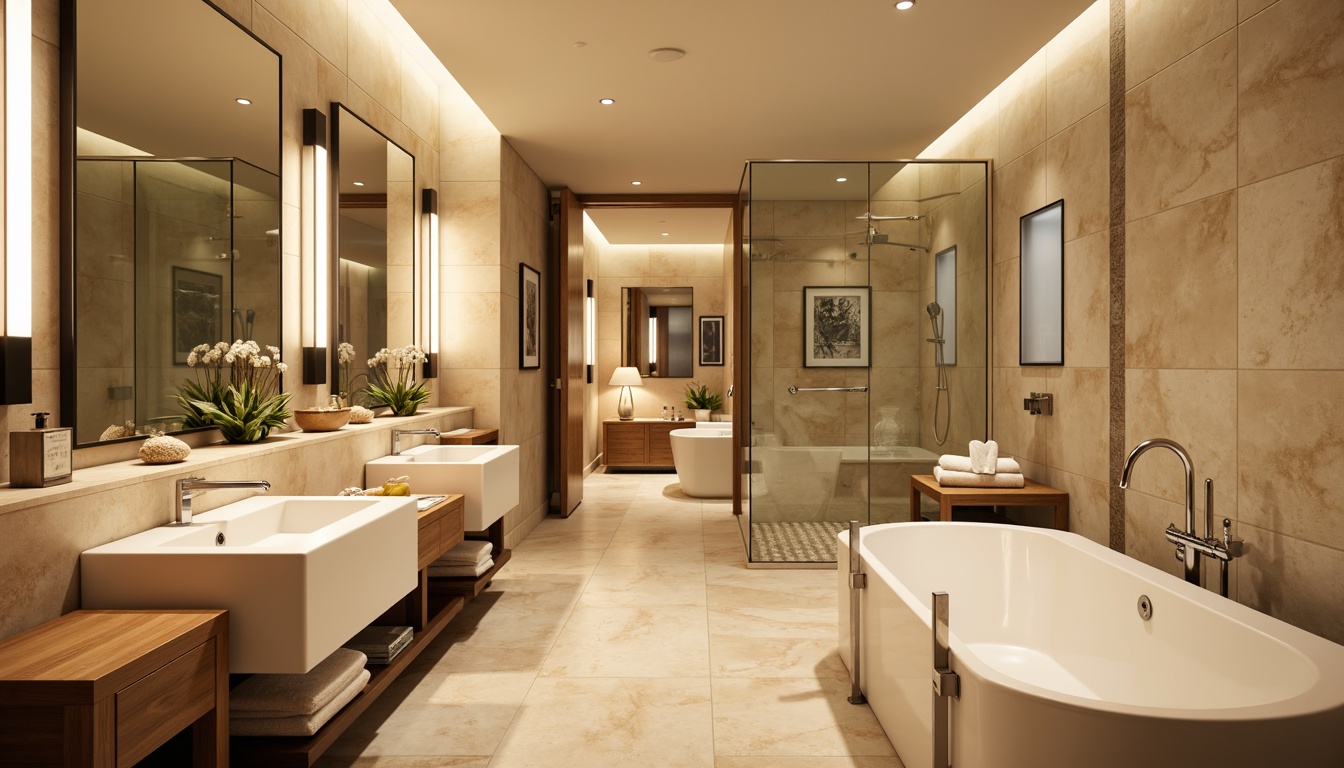 Prompt: Elegant bathroom, creamy marble countertops, soft warm lighting, polished chrome fixtures, LED strip lights, modern sconces, rectangular mirrors, freestanding tubs, glass shower doors, rain showerheads, warm beige walls, luxurious textiles, natural stone floors, ambient illumination, 1/1 composition, realistic reflections.