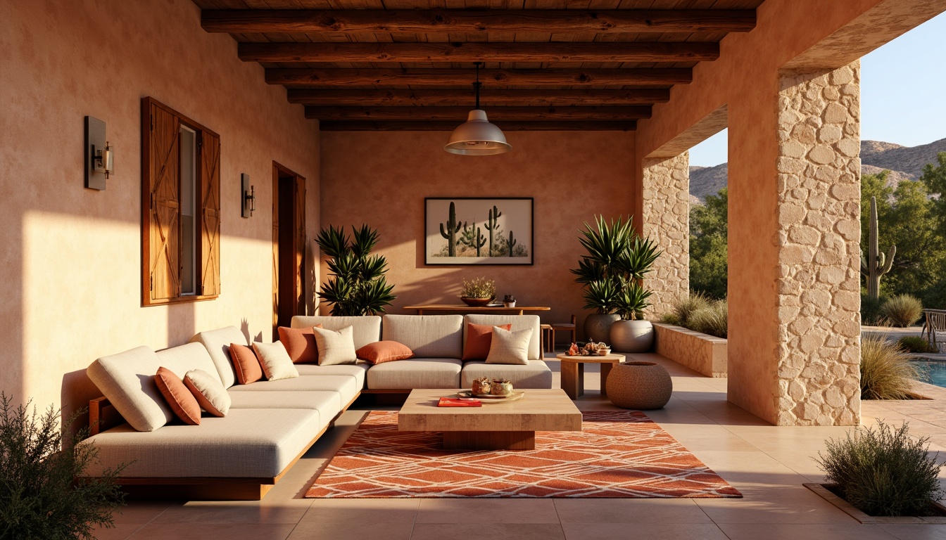 Prompt: Warm southwestern apartment, textured earthy walls, natural stone accents, rustic wooden beams, cozy living spaces, plush furnishings, vibrant color schemes, patterned rugs, geometric tiles, desert-inspired artwork, cactus plants, warm sunny day, soft warm lighting, shallow depth of field, 3/4 composition, panoramic view, realistic textures, ambient occlusion.