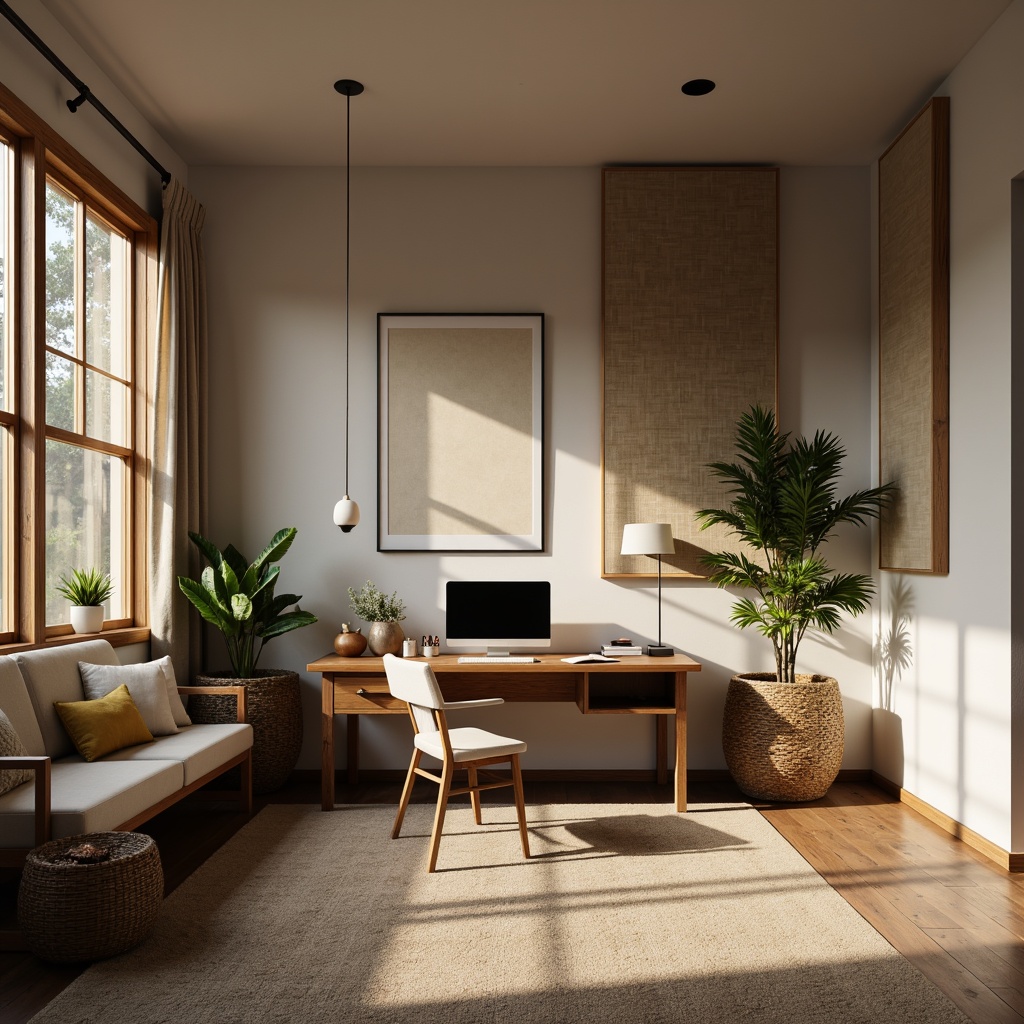 Prompt: Soundproof home office, minimalist decor, wooden desk, ergonomic chair, acoustic panels, soft cushions, calming colors, natural textiles, woven baskets, potted plants, floor lamps, warm ambient lighting, 1/1 composition, shallow depth of field, realistic rendering, subtle shadows.Let me know if you need any adjustments!