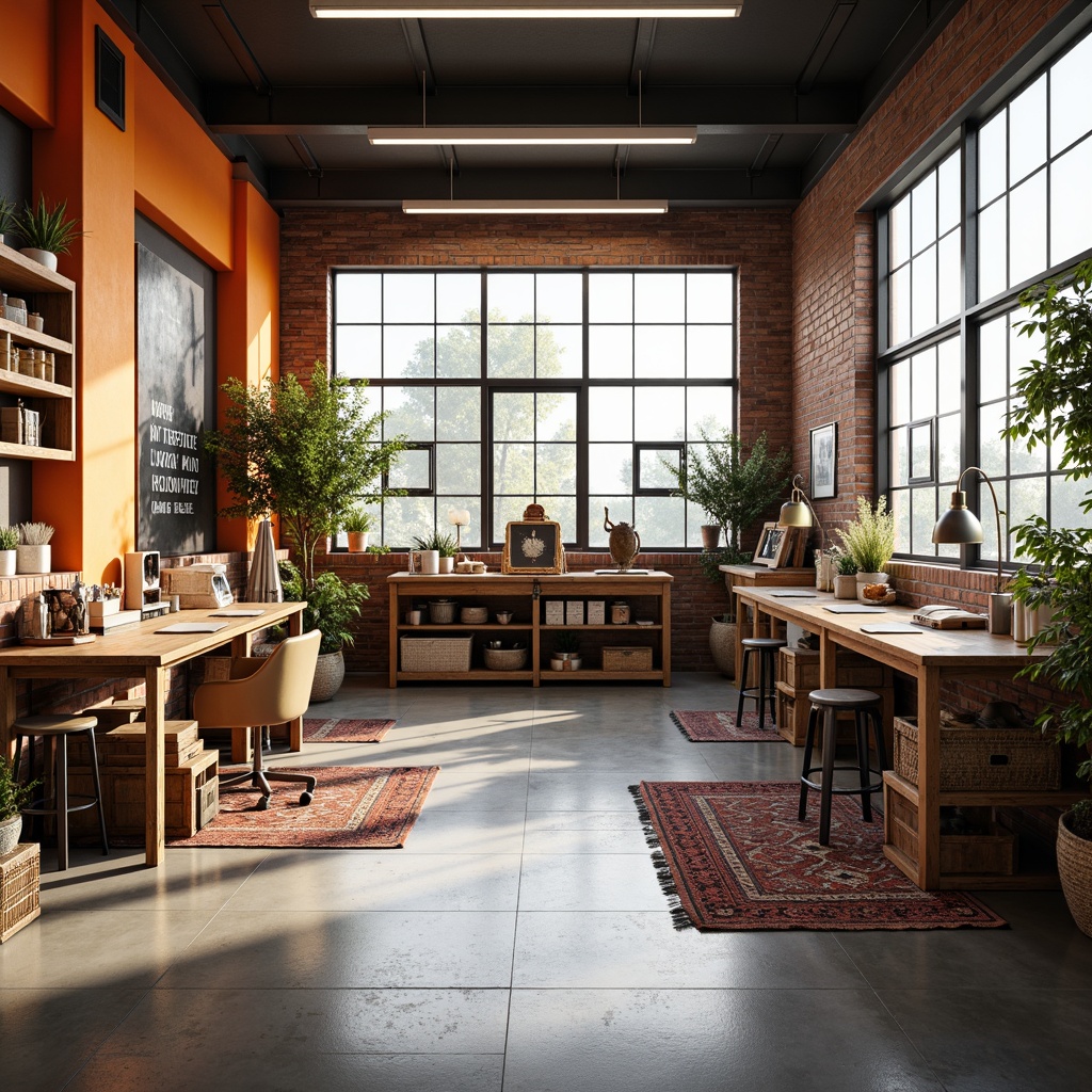 Prompt: Modern craft room, wooden workstations, metal stools, ergonomic chairs, ample natural light, large windows, industrial-style lighting, exposed brick walls, polished concrete floors, vibrant color accents, eclectic decorative items, inspirational quotes, creative storage solutions, open shelving units, baskets, woven textiles, rustic wood crates, artistic sculptures, geometric patterned rugs, soft warm lighting, shallow depth of field, 1/1 composition, realistic textures, ambient occlusion.