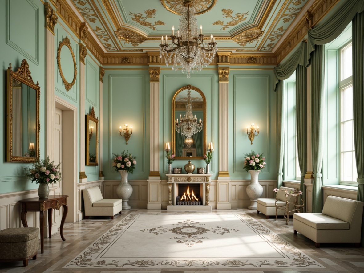 Prompt: Opulent Baroque interior, soft mint walls, ornate gold accents, intricate marble floors, lavish furnishings, velvet drapes, crystal chandeliers, fresh flower arrangements, delicate ceramic vases, antique mirrors, subtle pastel hues, warm candlelight, shallow depth of field, 1/1 composition, romantic ambiance, realistic textures, ambient occlusion.