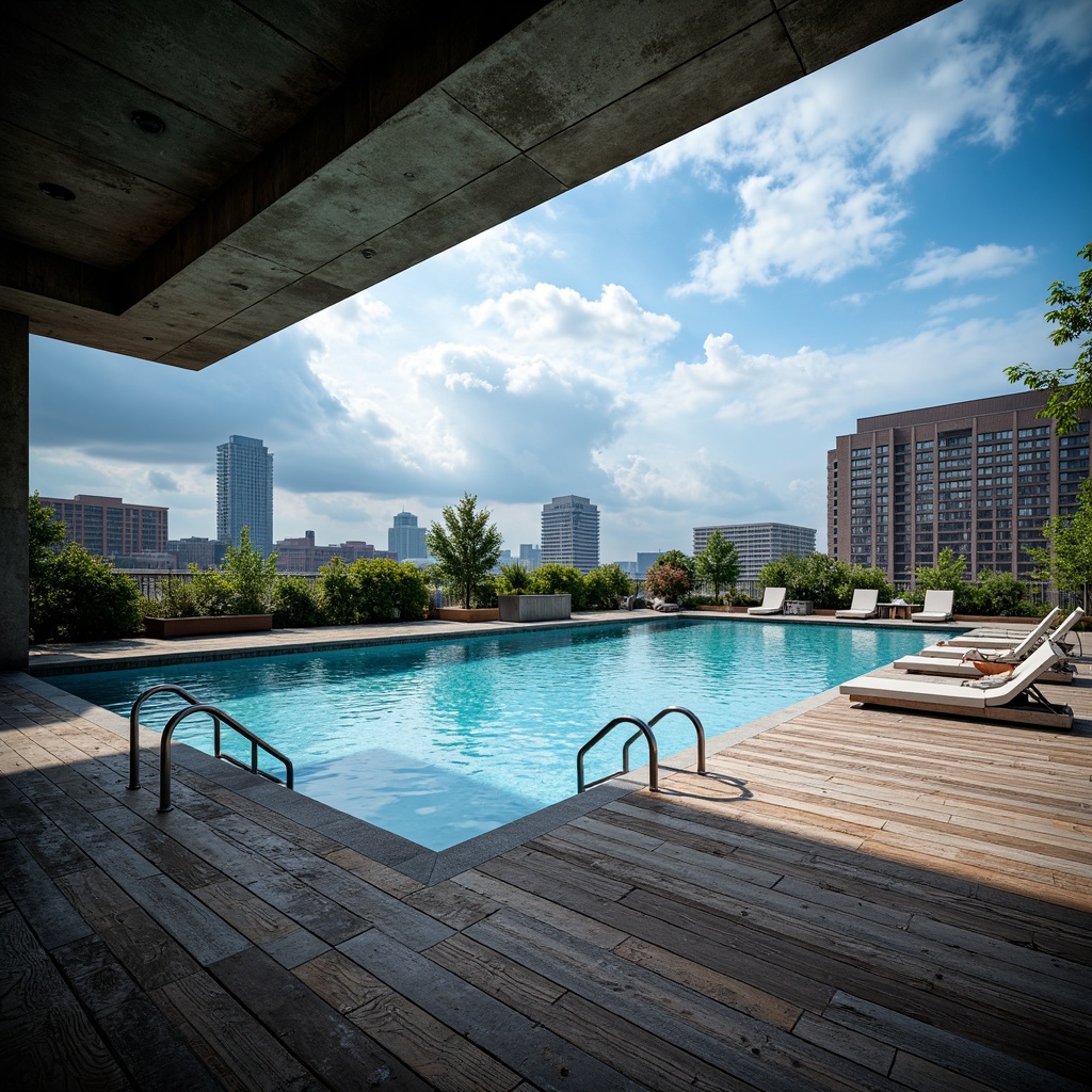 Prompt: Rustic industrial pool deck, distressed wood planks, exposed metal beams, concrete coping stones, sleek modern ladders, stainless steel handrails, minimalist diving boards, urban rooftop setting, cityscape views, cloudy blue sky, dramatic shading, low-key lighting, shallow depth of field, 1/2 composition, realistic reflections, ambient occlusion.