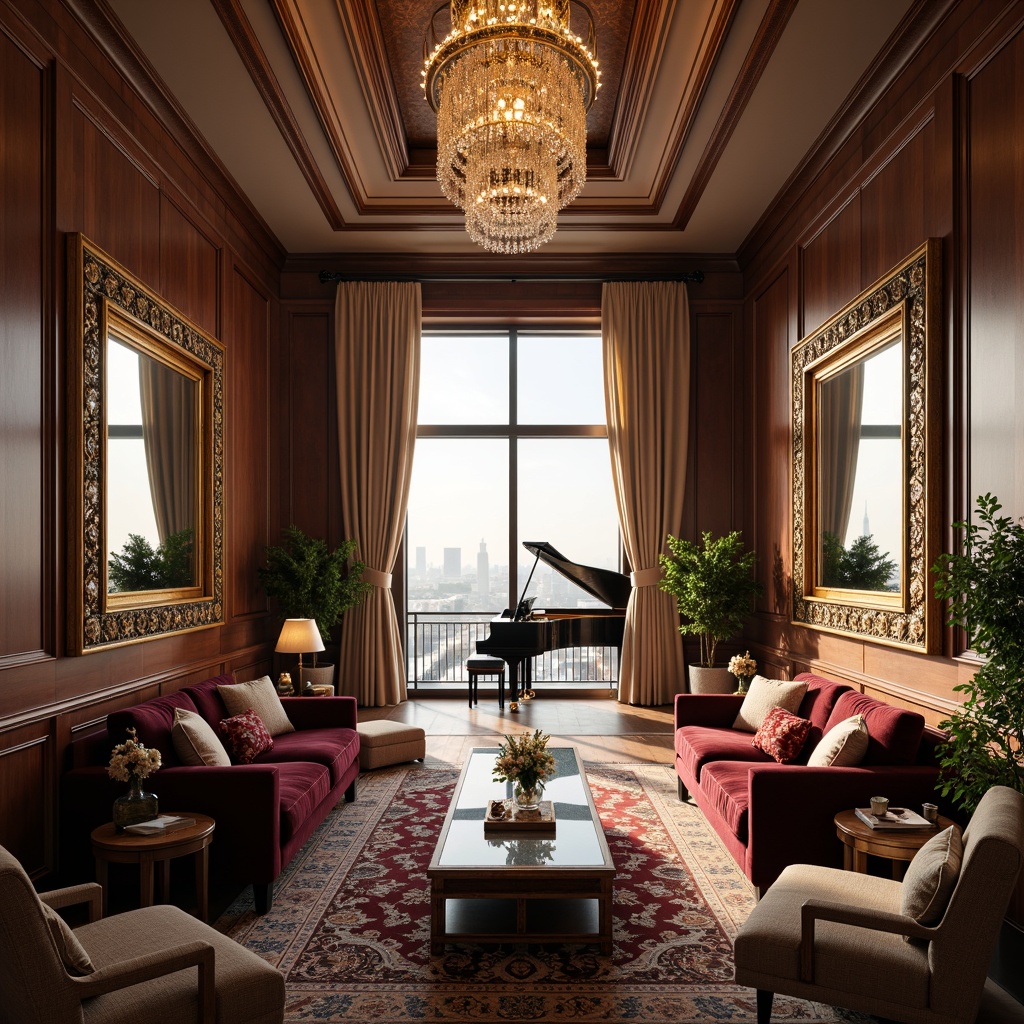 Prompt: Luxurious penthouse, classical architectural style, opulent furnishings, velvet sofas, carved wooden armchairs, intricately patterned rugs, crystal chandeliers, marble coffee tables, ornate mirrors, lavish curtains, gilded frames, rich wood paneling, high ceilings, grand pianos, floor-to-ceiling windows, stunning city views, soft golden lighting, shallow depth of field, 3/4 composition, realistic textures, ambient occlusion.