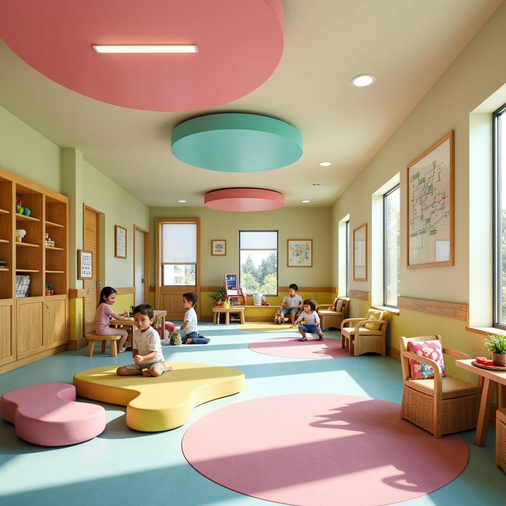 Prompt: Vibrant kindergarten interior, soft pastel colors, playful rounded shapes, secure entry systems, electronic door access control, CCTV cameras, emergency exit signs, fire alarm systems, sprinkler systems, non-toxic materials, slip-resistant flooring, padded corners, child-friendly furniture, ergonomic seating, interactive whiteboards, educational toys, natural light, gentle warm lighting, shallow depth of field, 1/2 composition, realistic textures, ambient occlusion.