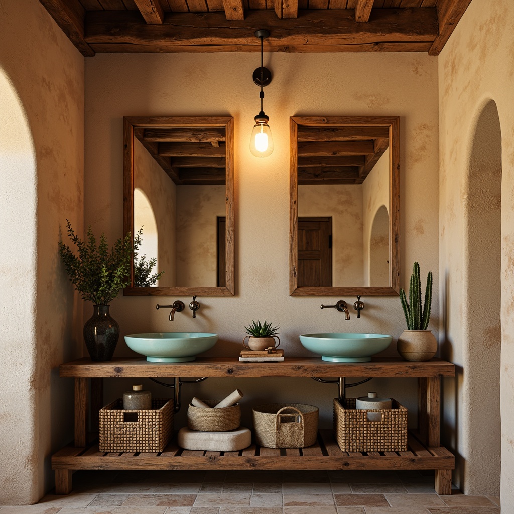 Prompt: Southwestern-style powder room, warm earthy tones, natural stone walls, reclaimed wood vanities, ornate metal fixtures, turquoise accents, woven basketweave textures, desert botanicals, cacti arrangements, rustic wooden mirrors, pendant lighting, soft warm glow, 1/2 composition, shallow depth of field, realistic renderings, ambient occlusion.