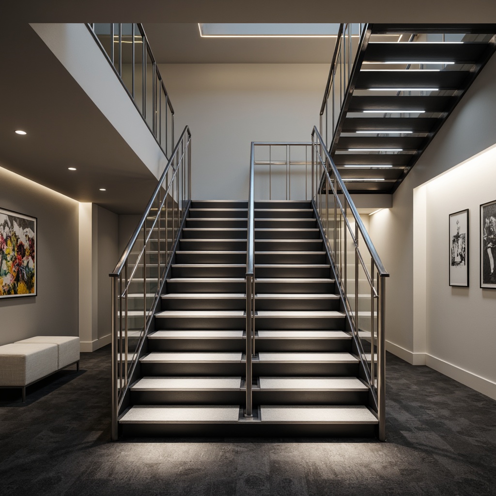 Prompt: Sleek modern staircase, innovative handrail design, stainless steel tubing, minimalist aesthetic, geometric patterns, LED lighting accents, glass balustrades, polished chrome finishes, spiral stair configuration, floating step effect, open risers, luxurious carpeting, ambient uplighting, shallow depth of field, 1/1 composition, realistic metallic textures.