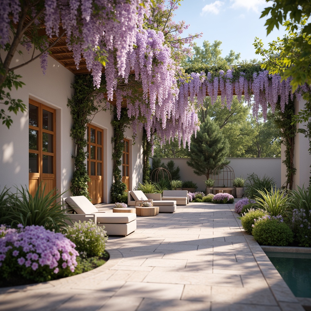 Prompt: Soft lavender hues, delicate floral patterns, whimsical Wisteria-inspired architecture, romantic garden setting, lush greenery, vines crawling up trellises, ornate metalwork, pastel-colored stonework, elegant fountains, serene water features, warm sunny day, gentle soft focus, 1/1 composition, intimate atmosphere, realistic textures, ambient occlusion.