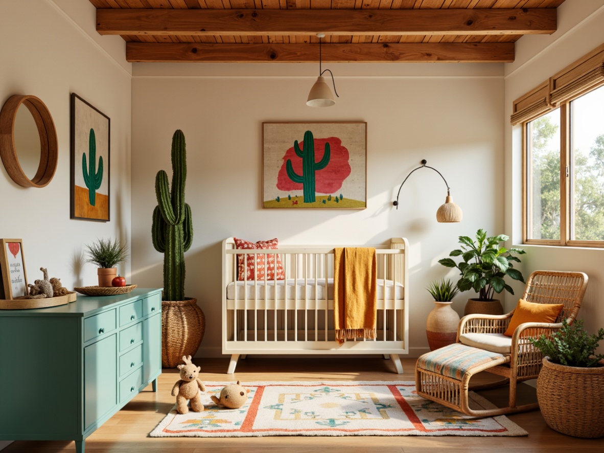 Prompt: Vibrant nursery, southwestern decor, warm beige walls, turquoise accents, soft sage green furniture, creamy white crib, woven basket storage, natural wood flooring, rattan rocking chair, colorful Navajo-inspired textiles, playful cactus patterns, gentle warm lighting, shallow depth of field, 1/1 composition, intimate atmosphere, cozy throw blankets, plush toys, earthy tones, terracotta pots, desert botanicals, sunny afternoon, soft focus.