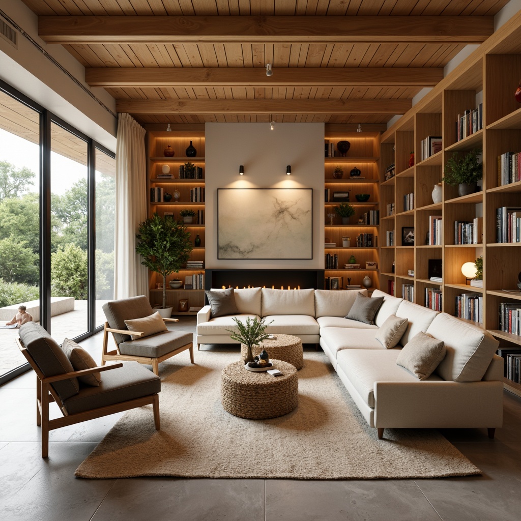 Prompt: Cozy living room, plush sofas, soft cushions, warm wood tones, natural fabrics, ergonomic chairs, adjustable lighting, modern minimalist design, functional storage units, spacious floor plan, comfortable reading nooks, soft warm color palette, inviting atmosphere, 1/1 composition, shallow depth of field, realistic textures, ambient occlusion.