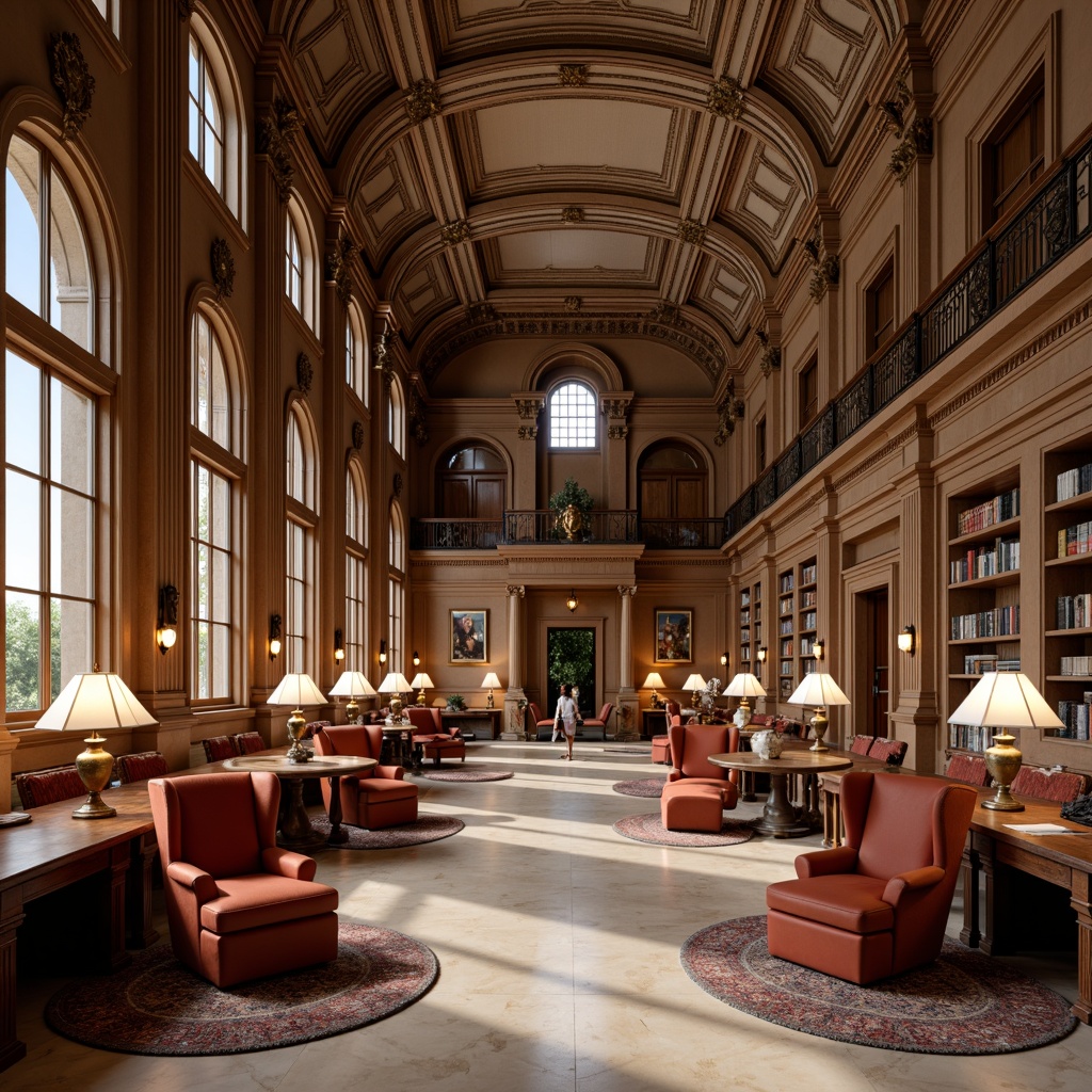 Prompt: Elegant library interior, neoclassical architecture, grandiose high ceilings, ornate moldings, intricate carvings, luxurious wooden furniture, velvet upholstered chairs, bronze lamp fixtures, leather-bound bookshelves, subtle warm lighting, rich wood tones, cream-colored marble floors, stately columns, arched windows, sophisticated color palette, comfortable reading nooks, classic literature displays, refined decorative accents, soft ambient glow, shallow depth of field, 1/2 composition, realistic textures, ambient occlusion.