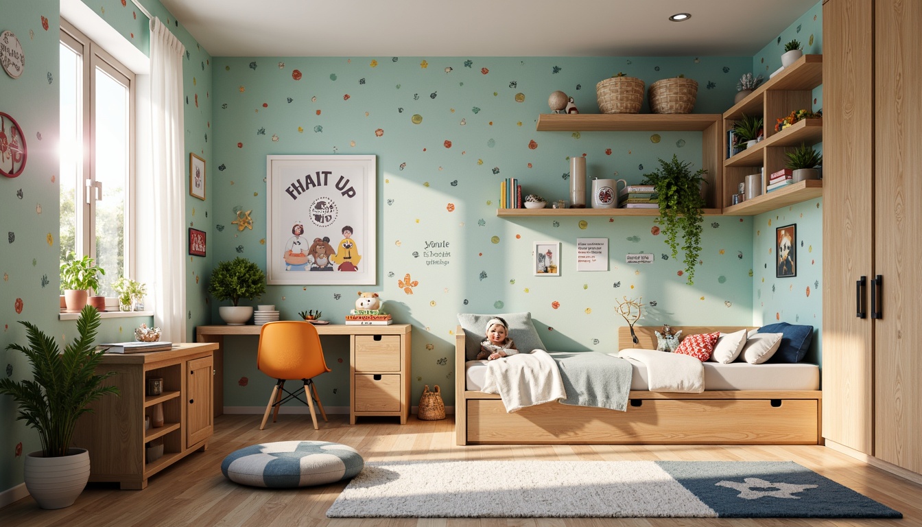 Prompt: Whimsical kid's room, playful colors, vibrant wallpaper, fun polka dots, cute cartoon characters, cozy reading nook, plush area rug, modern minimalist furniture, natural wood accents, bright task lighting, soft warm glow, creative storage bins, interactive wall decals, educational wall art, inspirational quotes, fantastical themed bedding, colorful throw pillows, textured fabric upholstery, lively greenery, airy curtains, sunny afternoon light, shallow depth of field, 1/1 composition, realistic textures.