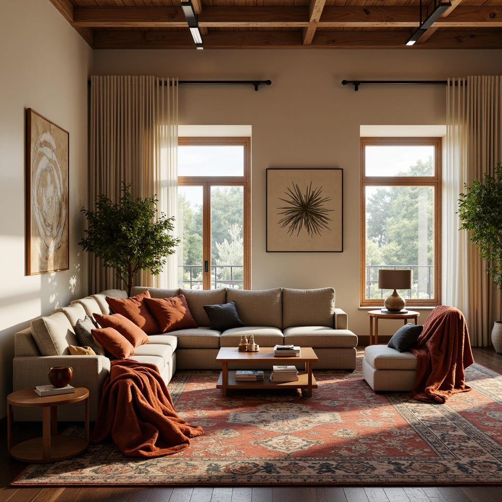 Prompt: Cozy living room, plush throw blankets, soft velvet sofas, intricate patterned rugs, warm beige walls, modern minimalist decor, floor-to-ceiling windows, natural light, subtle wood accents, comfortable reading nooks, ambient dim lighting, 1/1 composition, realistic fabric textures, shallow depth of field, inviting atmosphere.