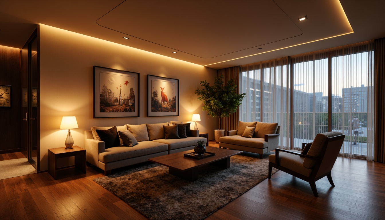 Prompt: Modern living room, sleek minimalist decor, warm ambient lighting, floor lamps, table lamps, pendant lights, LED strips, soft glow, cozy atmosphere, comfortable seating, plush sofas, wooden coffee tables, abstract artwork, large windows, natural daylight, sheer curtains, subtle shading, 1/1 composition, realistic textures, ambient occlusion.