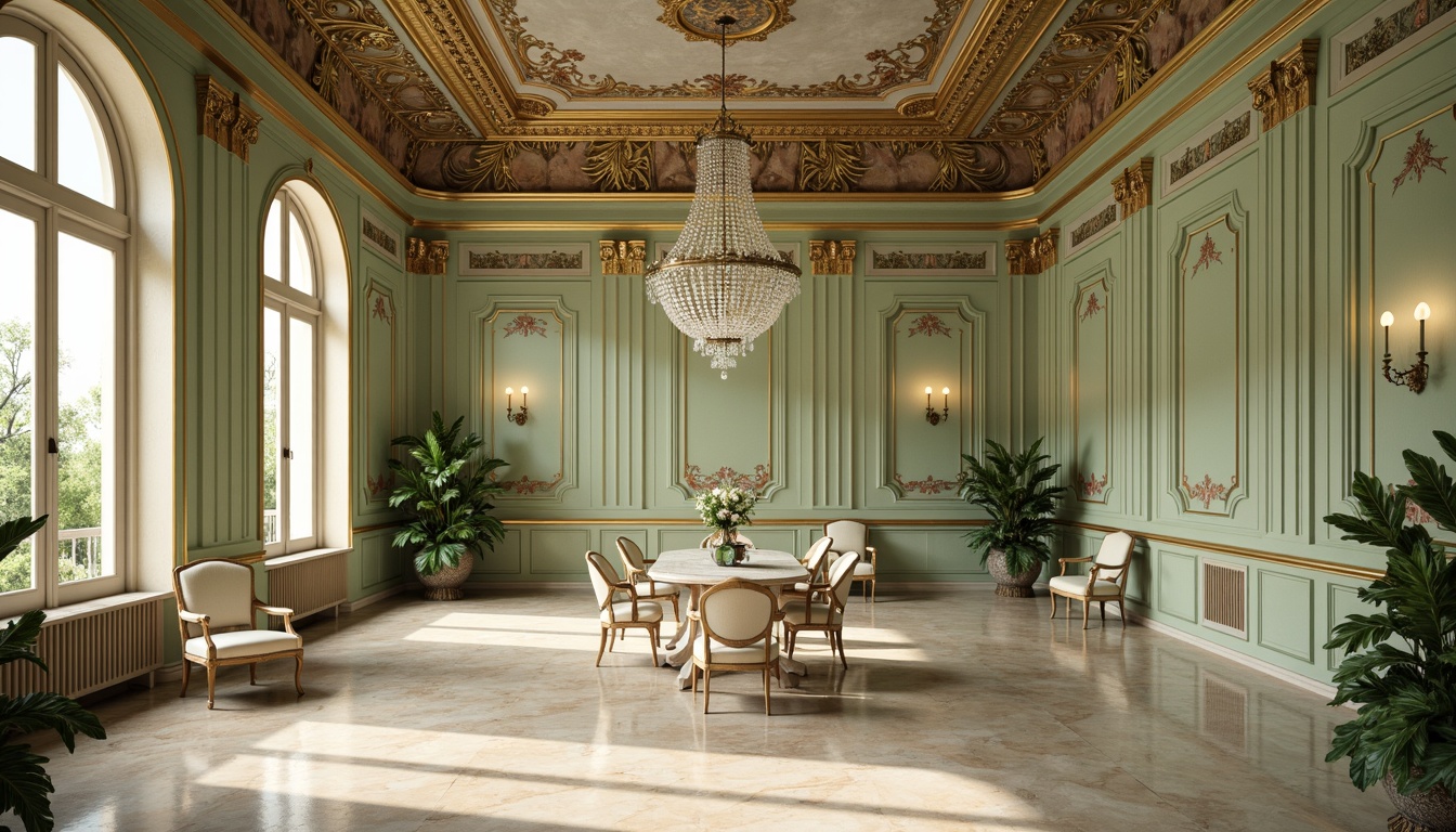 Prompt: Elegant baroque interior, mint green walls, ornate gold accents, intricate plasterwork, crystal chandeliers, luxurious velvet fabrics, soft cream-colored marble floors, refined wooden paneling, subtle botanical patterns, warm candlelight, dramatic archways, frescoed ceilings, majestic columns, serene ambiance, shallow depth of field, 1/2 composition, soft focus, realistic textures, ambient occlusion.