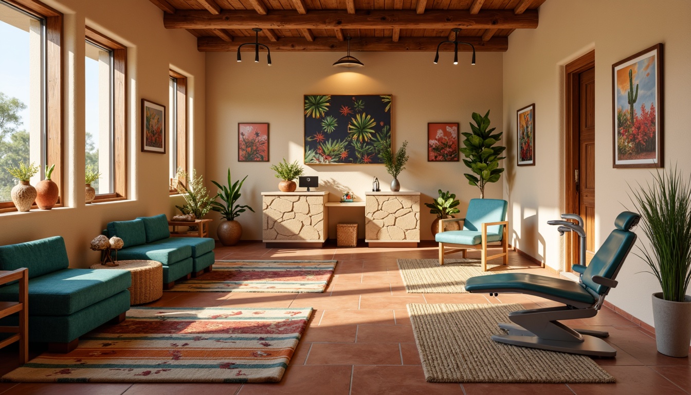 Prompt: Vibrant southwestern-inspired dental clinic, warm beige walls, terracotta floors, rustic wooden accents, plush turquoise upholstery, desert botanical prints, natural stone reception desk, woven rattan furniture, earthy ceramic vases, colorful Navajo-patterned rugs, modern dental equipment, sleek metal chairs, warm ambient lighting, shallow depth of field, 1/2 composition, realistic textures, soft focus blur.