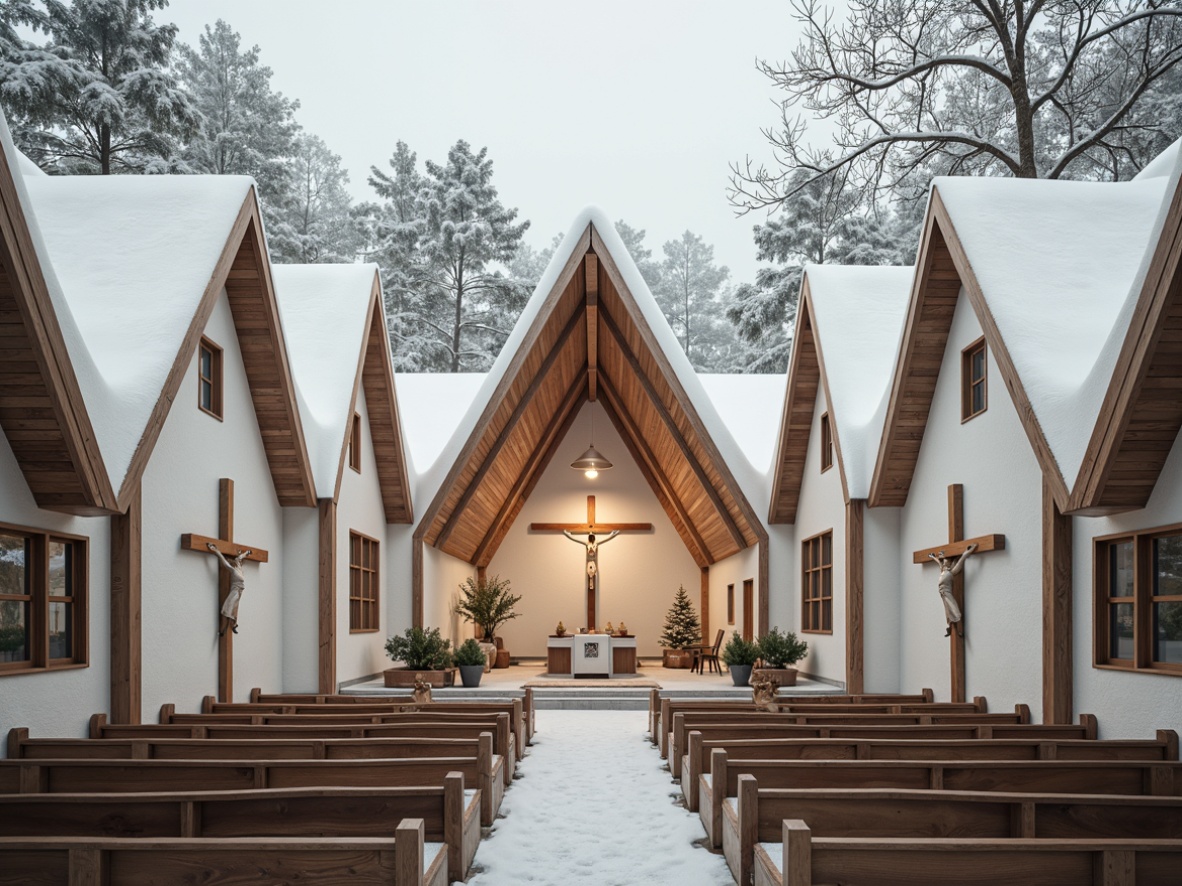 Prompt: Snow-capped Nordic rooftops, wooden crucifixes, simplistic whitewashed facades, minimalist stone walls, vaulted ceilings, stained glass windows, candlelit interiors, rustic wooden pews, cozy prayer nooks, serene natural surroundings, misty forest backgrounds, gentle morning light, softbox lighting, 1/1 composition, symmetrical framing, warm beige color palette, natural textures, subtle ambient occlusion.