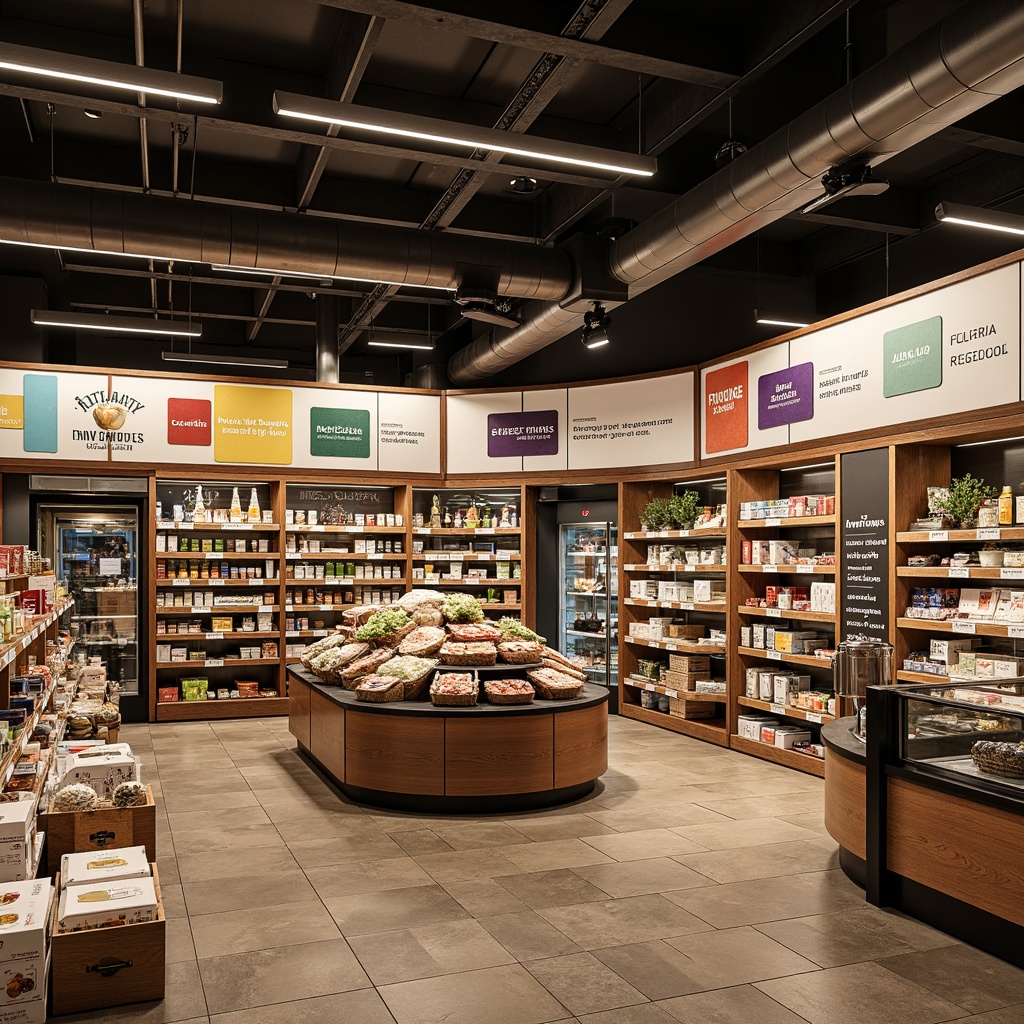 Prompt: Modern grocery store interior, academic signage style, clean typography, bold font labels, colorful product branding, wooden shelves, metal racks, glass display cases, overhead lighting, warm color scheme, natural stone flooring, earthy tones, subtle textures, shallow depth of field, 1/2 composition, realistic render, ambient occlusion.